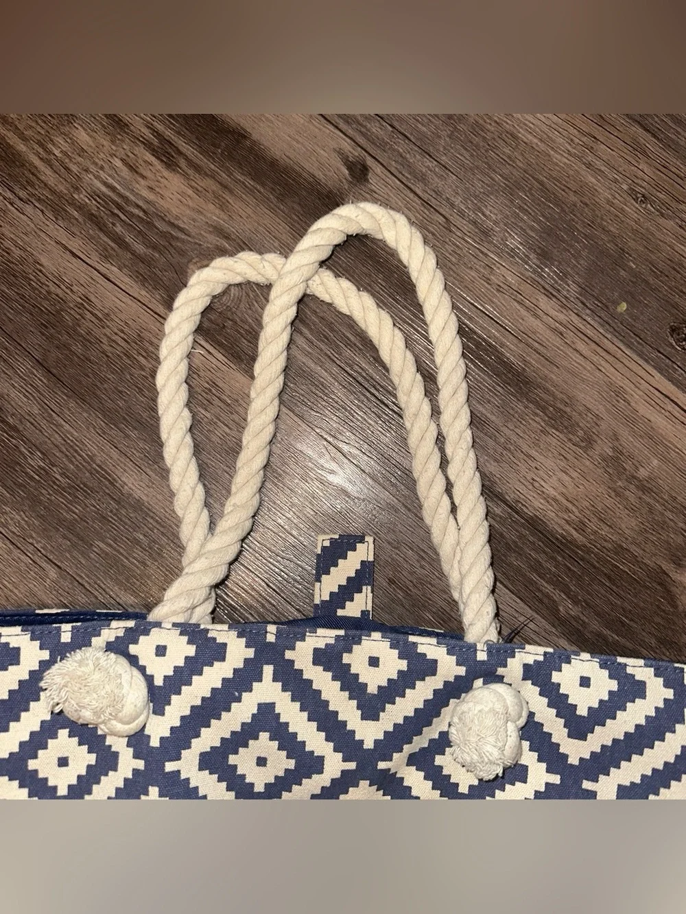 summer & rose Navy and White Diamond-Pattern Rope Tote